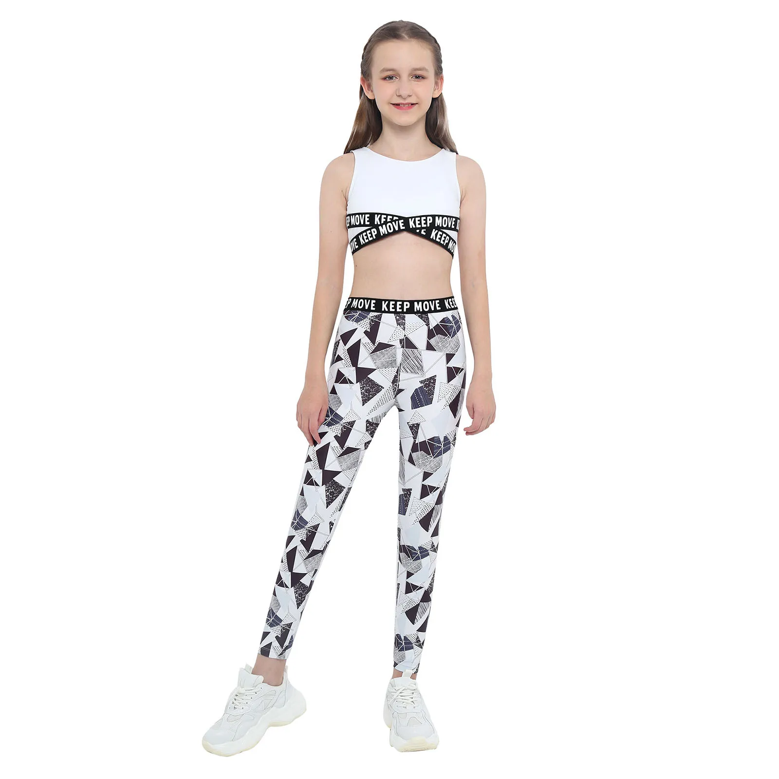 

Kids Girls Dance Sportwear Yoga Gym Fitness Sport Suit Round Neck Sleeveless Letters Print Crop Top High Waist Pants Set Outfit