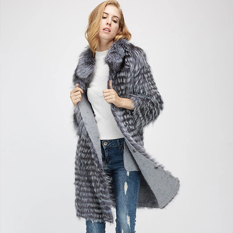 Women\'s winter fur coat is really silver fox fur long size