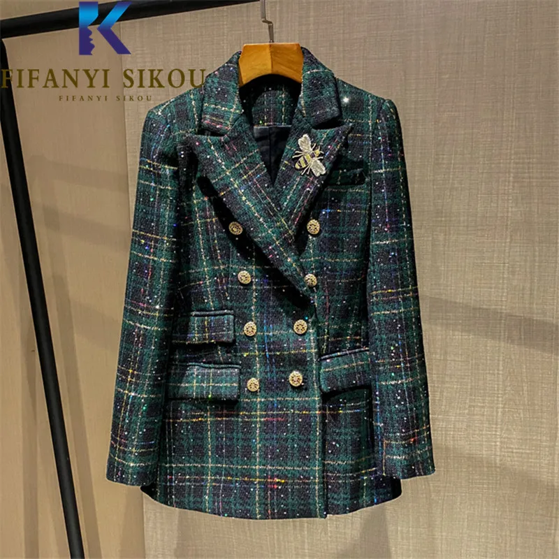 Plaid Blazer Jacket Women 2021 New Designer Fashion Embroidery Double Breasted Green Suit Jacket Lady Elegant Formal Blazer Coat