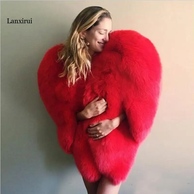 Women Faux Fox Fur Stylish 3D Red Heart Shaped Cape Thick Warm Celebrity Lady Desiner Shaggy Coat Jacket Outerwear Winter Tops