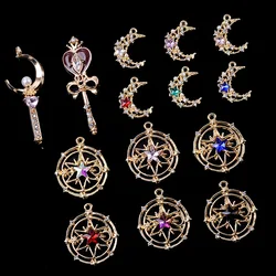 10 Pcs Alloy Star And Moon Pendant Magic Scepter Creative Rhinestone Button Ornaments Earrings Choker DIY Jewelry Accessories