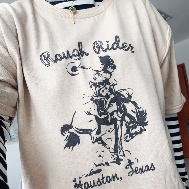 Khaki Begie T Shirt Rough Rider Women's Vintage Fashion T-Shirt Retro Grunge Street Style Tee Cotton Oversized T Shirt Cute Lad