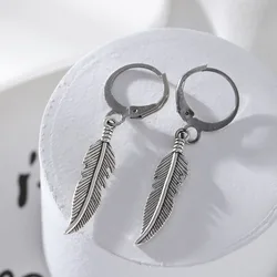 2pcs Punk Earrings Fashion Feather Pendant Personality Titanium Steel Buckle Women Men Jewelry Decoration Charms Male Gift