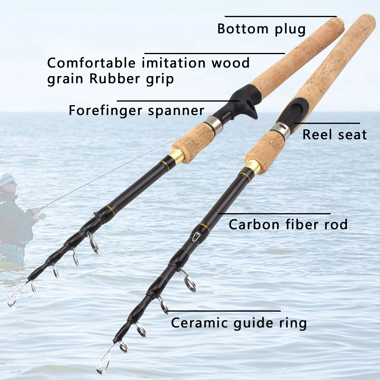 1.8M 2.1M 2.4M 2.7M Telescopic Fishing Rod Carbon Fiber Lengthen wooden handle Spinning Casting Rod Portable Trout Rod pesca