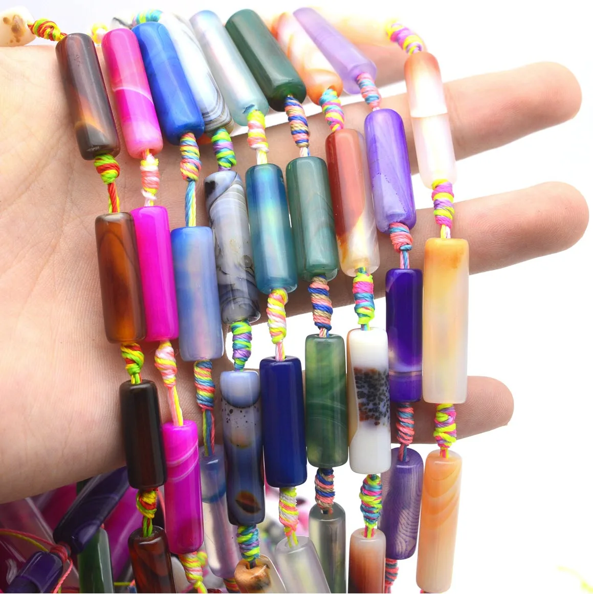 Natural Stone Colourful Agate Stone Round Column Stick Beads Beaded 15'' Strand For DIY Jewelry Making Bracelet Accessories