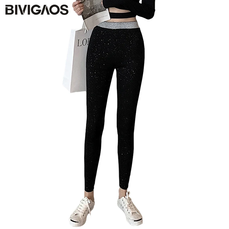 Bivigaos 2020 Nieuwe Koreaanse Heldere Zijde Katoen Leggings Vrouwen Hoge Taille Chic Sequin Bling Draad Elastische Slanke Leggings Potlood Pant