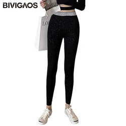 BIVIGAOS 2020 nuovi Leggings in cotone di seta brillante coreano donna vita alta Chic paillettes Bling filo elastico Slim Leggings pantaloni a matita