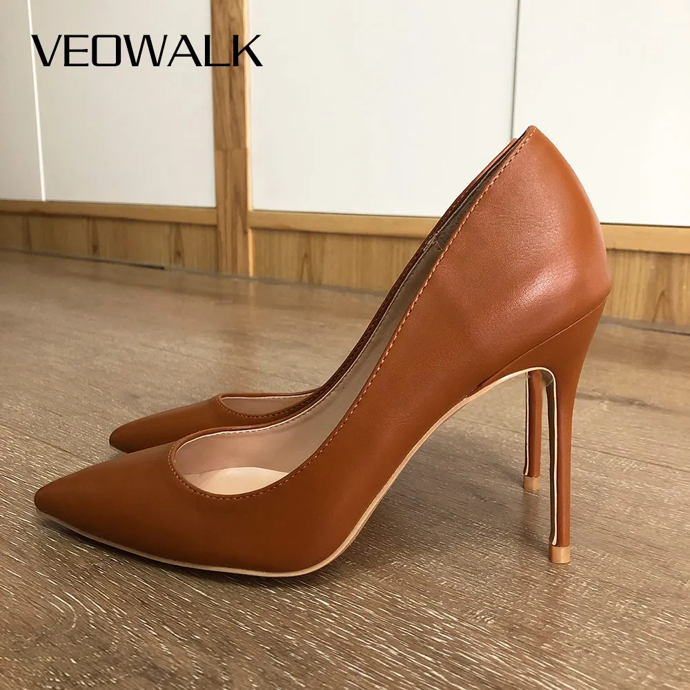 Veowalk Light Brown Women Classic Pointed Toe High Heels Elegant Ladies Slip on Stilettos Pumps Italian Style OL Dress Shoes