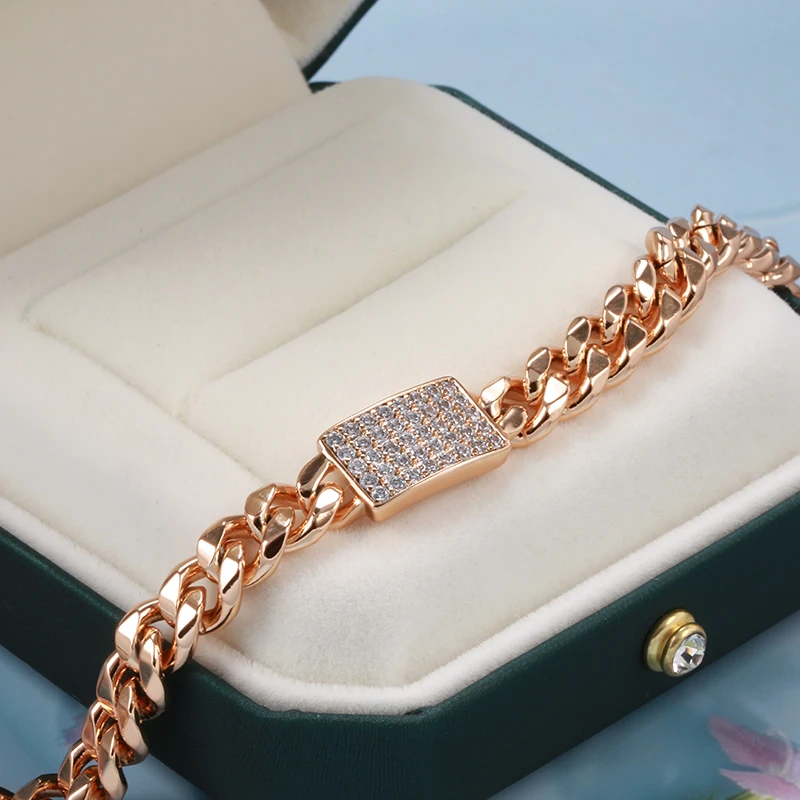 Kinel Luxury 585 Rose Gold Color Natural Zircon Bracelets Women 7mm Curb Cuban Chain Link Bracelet Fashion Punk Vintage Jewelry