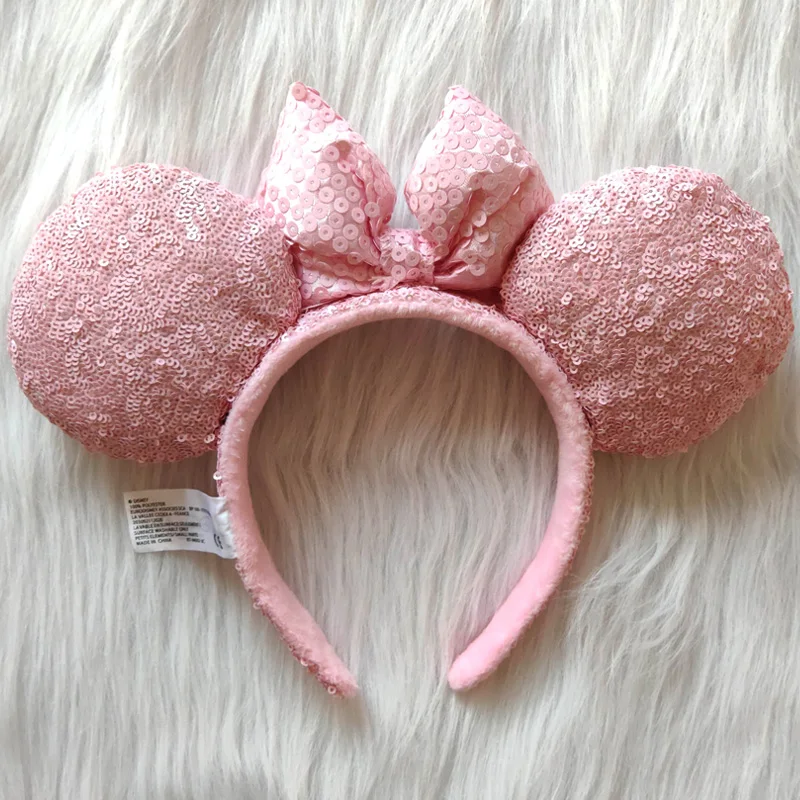 Disney Pink Bow Sequins Mickey Mouse Headband Disneyland Minnie Ears Headwear Children Decoration Gift