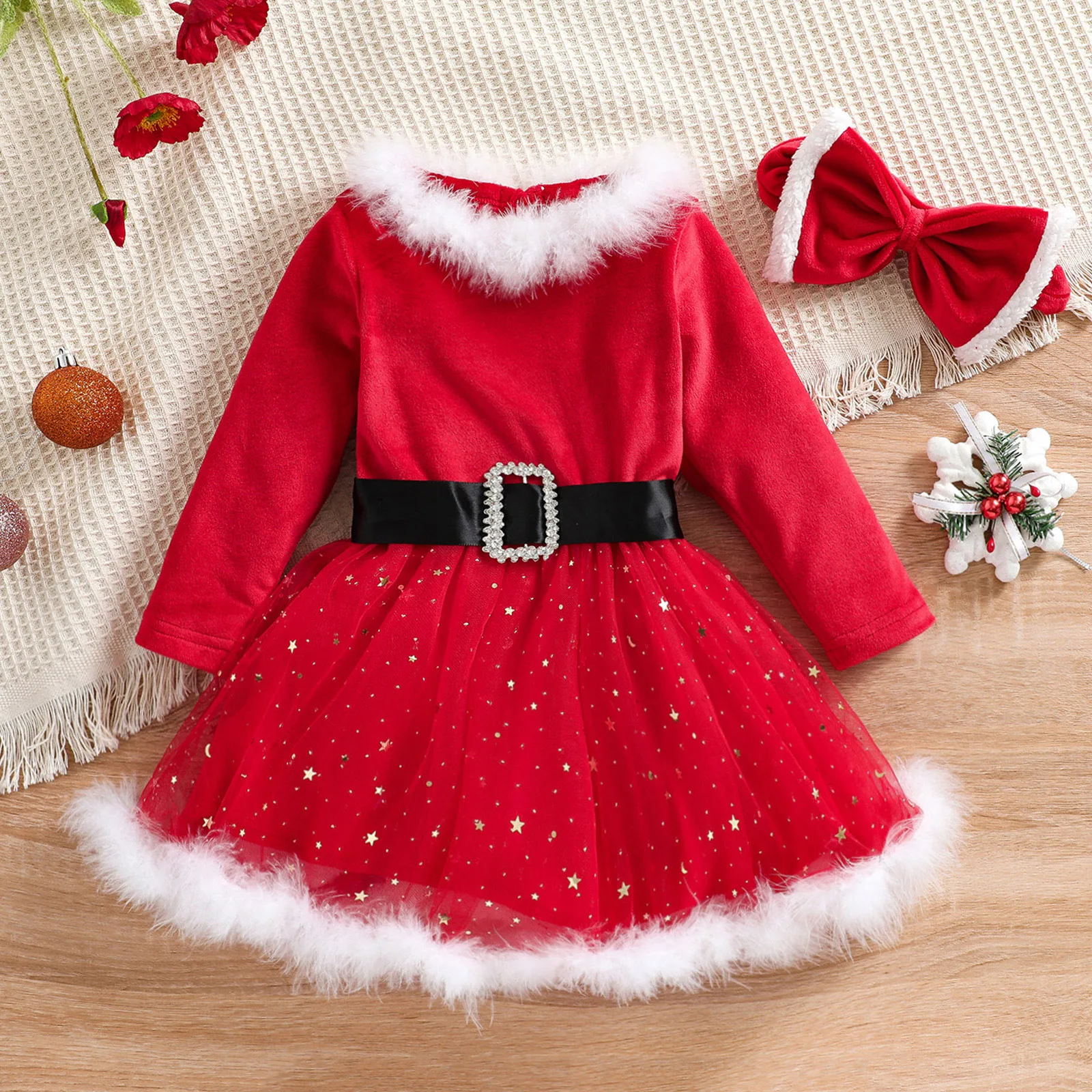 Kids Elf Christmas Party Dress For Girls Fur Collar Belt Sequins Mesh Velvet Dress Xmas Fower Girls Wedding Party Princess Dress