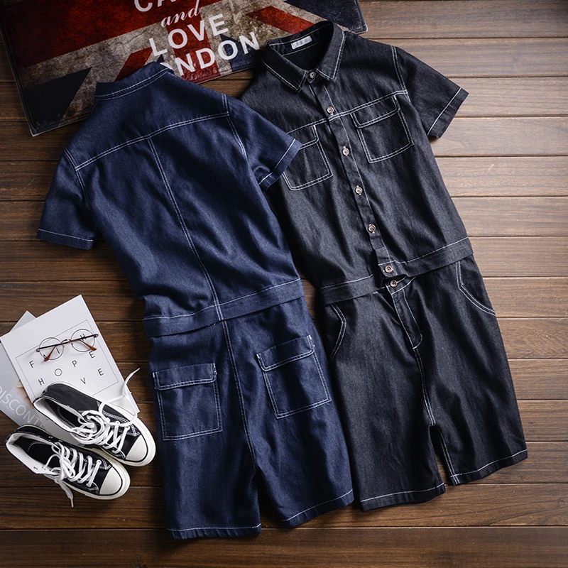 Summer Men's Jeans Jumpsuit Short-Sleeved Knee Length Overalls Detachable Waist Hip-Hop Denim Shorts Streetwear Cargo Pants