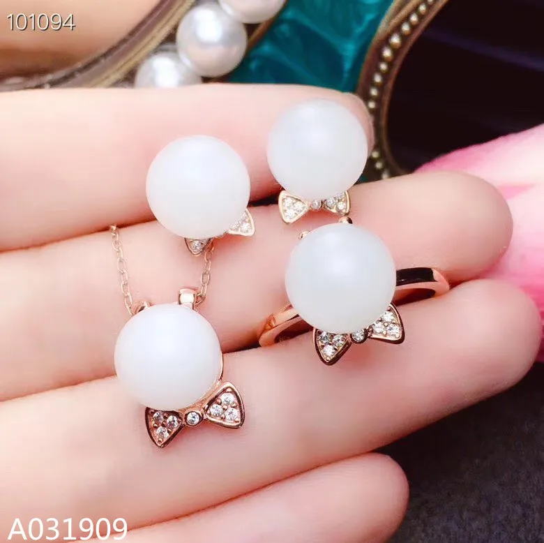 

KJJEAXCMY boutique jewelry 925 sterling silver inlaid Natural White jade ball Necklace Ring Earring female Set Support detection