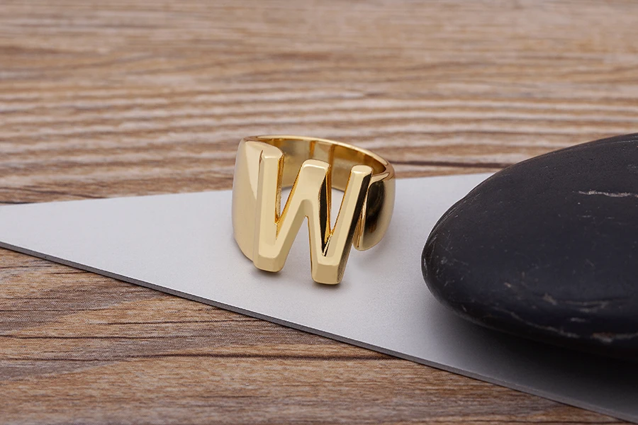 Trendy Hollow A-Z Letter Gold Color Adjustable Opening Ring Initials Name Alphabet Female Chunky Wide Party Wedding Jewelry