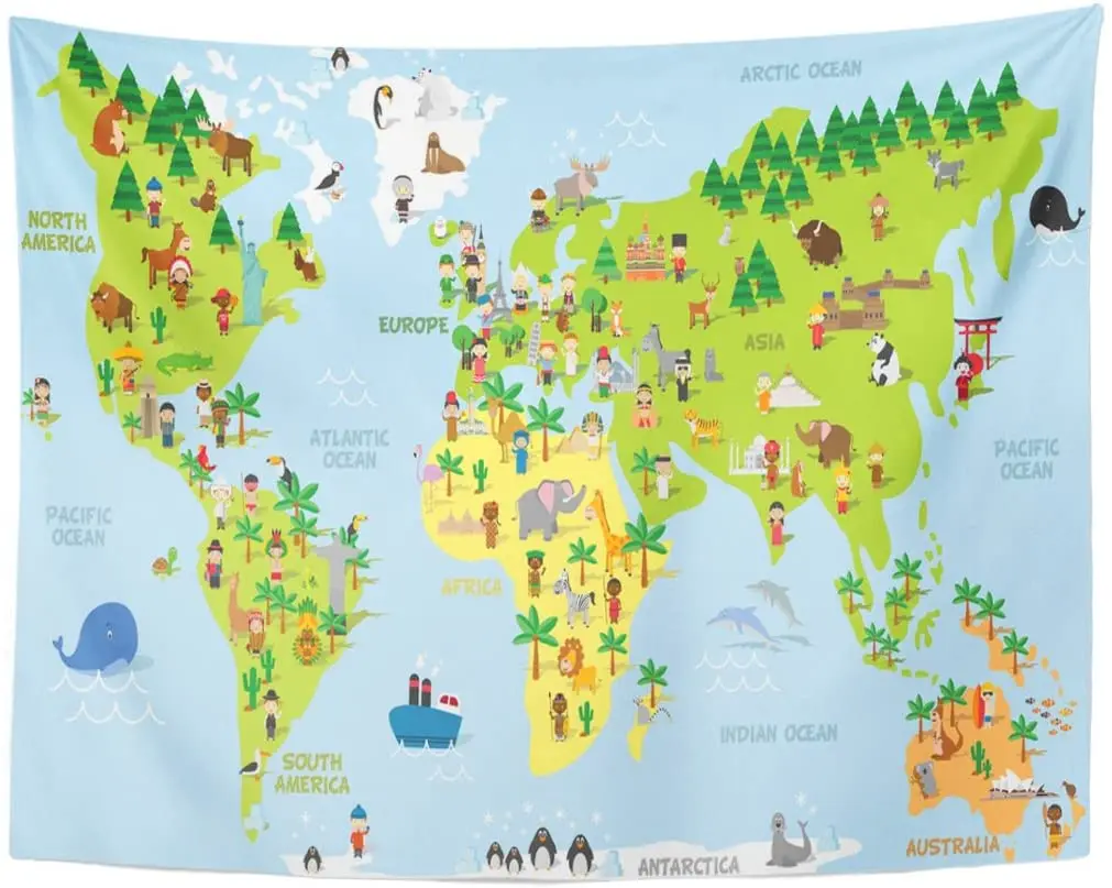 Забавная мультяшная карта мира с детьми разных стран, животных и памятников на всех континентах, гобелен, домашний декор