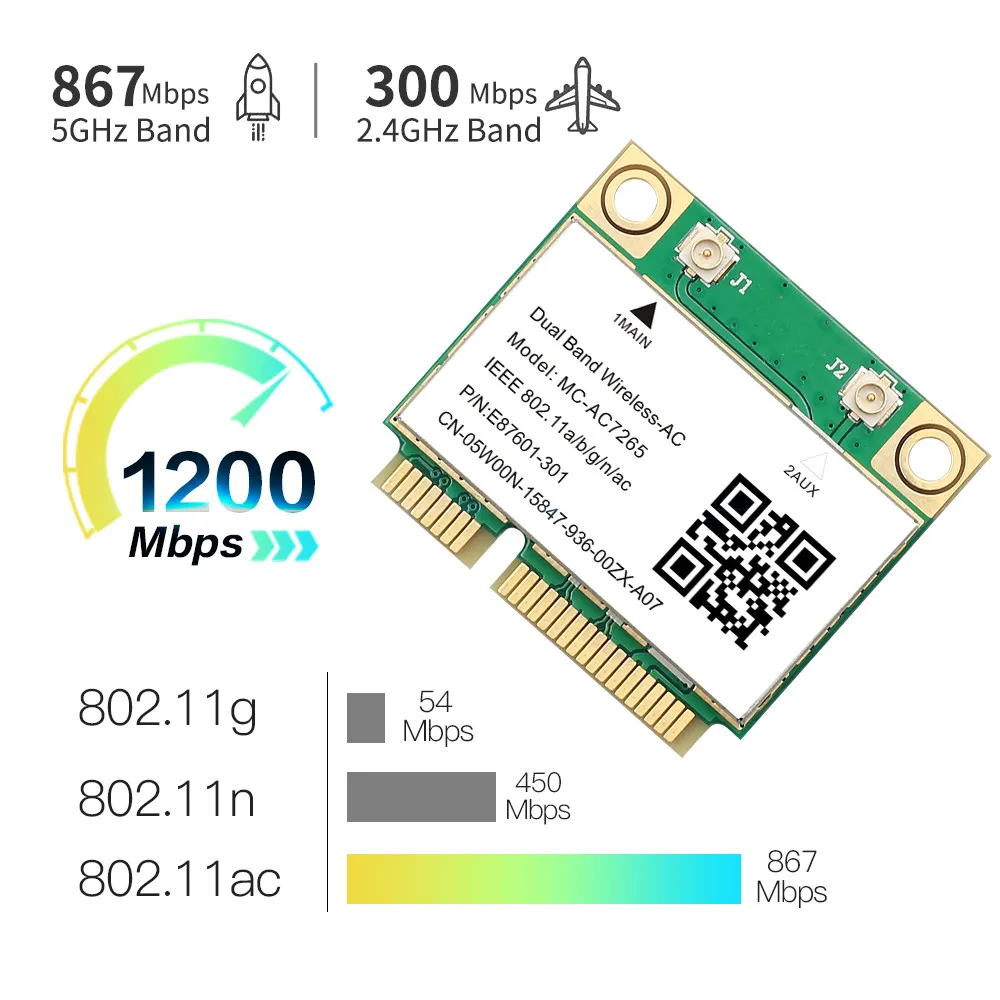 Carte réseau Wi-Fi avec puce MC-AC7265 pour ordinateur portable, 1200 Mbps, sans fil, demi Mini PCI-E Bluetooth 4.2, prend en charge le protocole