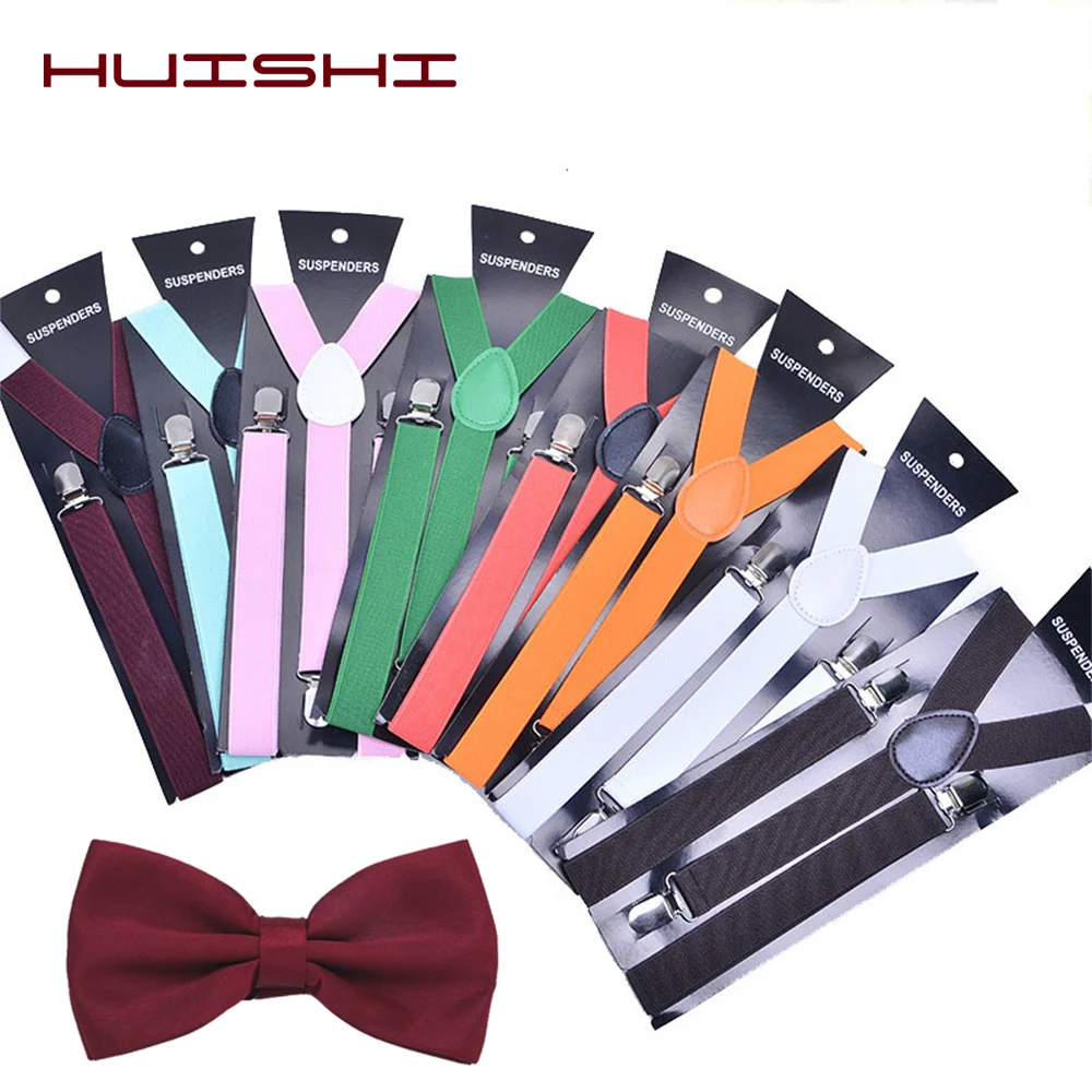 HUISHI Fashion Plain Black Suspenders for Men Navy Red Burgundy Braces Unisex Strap Bretels Mannen Women Bow Tie Suspenders Blue