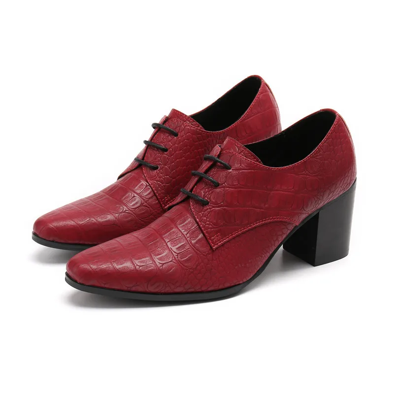 

Handmade Red Wine Mens High Heels Crocodile Shoes Genuine Leather Oxford For Men Luxury Dress Wedding Shoes Business Brogues