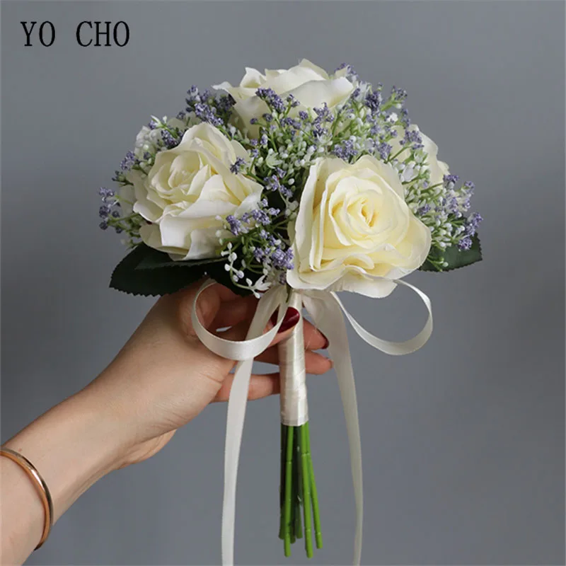 YO CHO Newest Handmade Silk Rose Church Wedding Bouquet Artificial Lavender DIY Bedroom Hallway Decoration Flower Bouquet