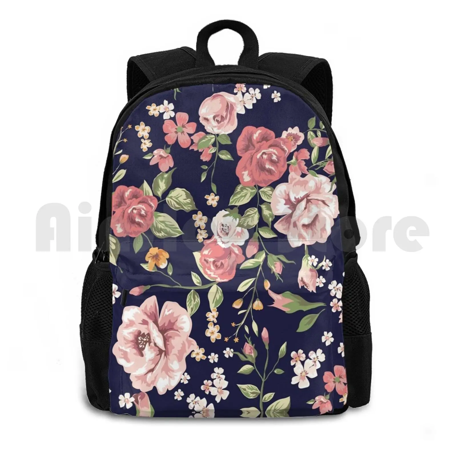 Floral Outdoor Hiking Backpack Riding Climbing Sports Bag Floral Flower Allover Dark Blue Roses Vintage Trend Beige Luxury