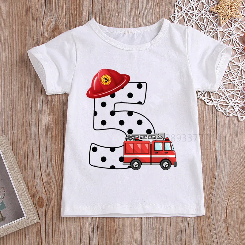 Kids Firefighter Birthday Numbers T-Shirt Children Boys Fireman Happy Birthday T Shirt Boys/Girls White T-Shirt Baby Girls Top