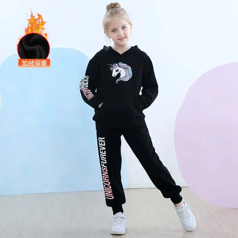 teenage winter velvet sport clothes sets 3-13T kids sweatshirt+pants 2pcs/set girls cartoon horse hooded cotton sport trousers