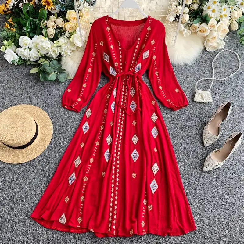 2021 V Neck Vintage Long Sleeve Vestidos Elegant High Waist Embroidered Travel Dress Bohemian Midi Dress Female Vestidos