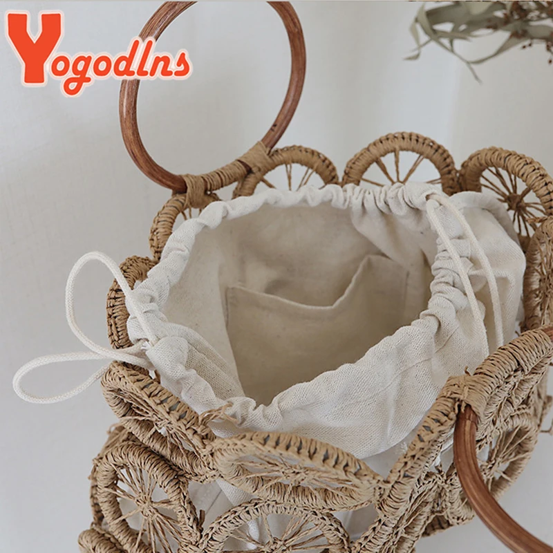 Yogodlns Summer Hollow Out Straw Bag Women Handmade Weave Handle Bag Beach Ladge Capacity Handbag Casual Rattan Lady Beach Bag