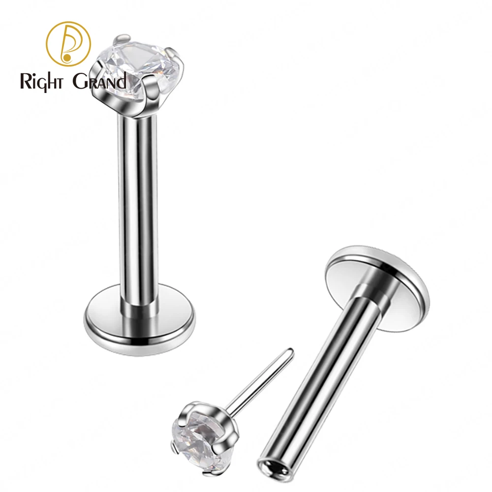 Right Grand ASTM F136 Titanium CZ Gem Threadless Labret Monroe Lip Ring Tragus Nail Helix Earring Stud Barbell Piercing Jewelry