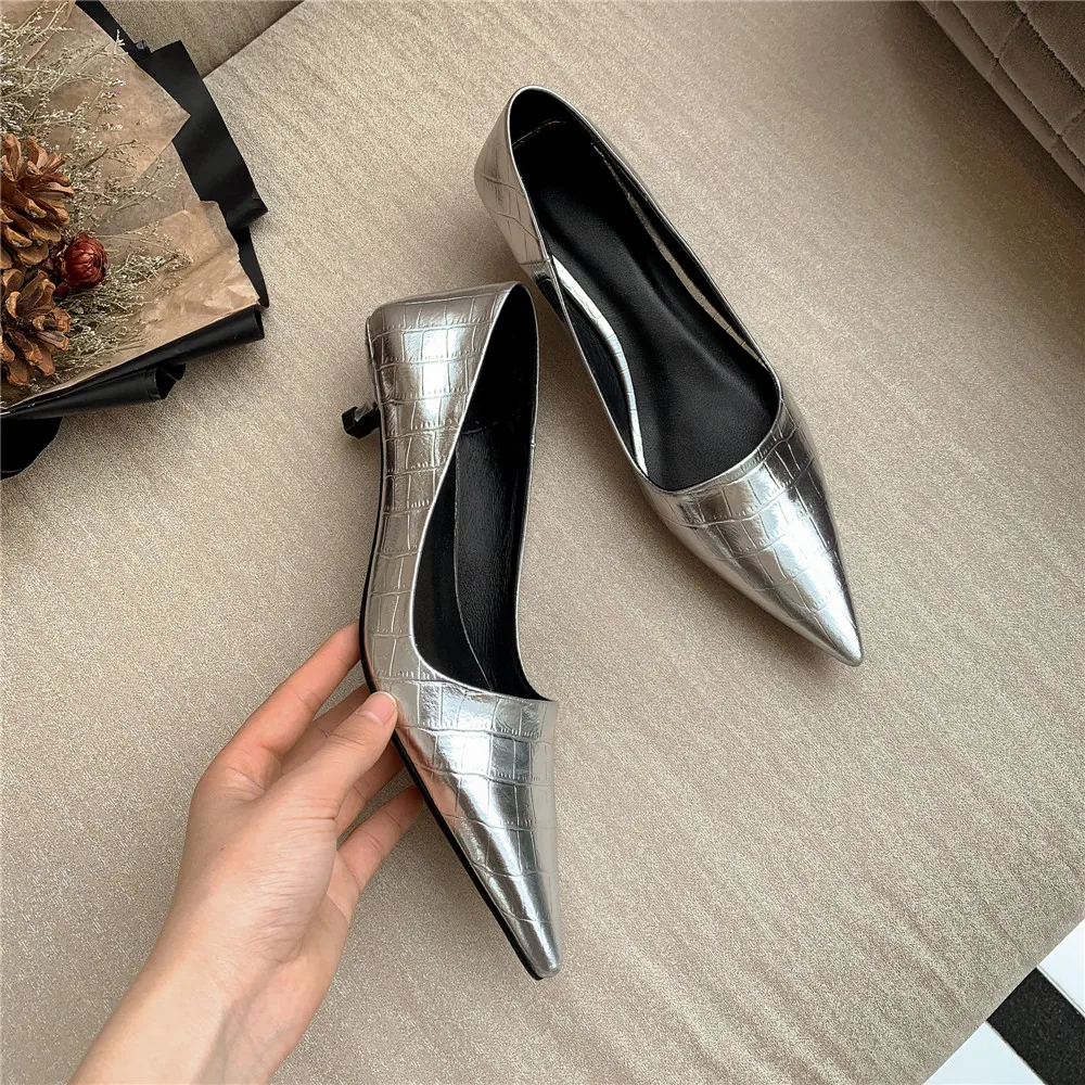 MILI-MIYA New Arrival Women Cow Leather Pumps Sexy Pointed Toe Slip On Low Thick Heels Silver Color Dress Party Shoes Size 34-43