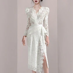 JSXDHK High Quality Fashion Autumn Women Lace Dress Runway Sexy V Neck Puff Sleeve Ruffles Bodycon Split White Party Midi Dress