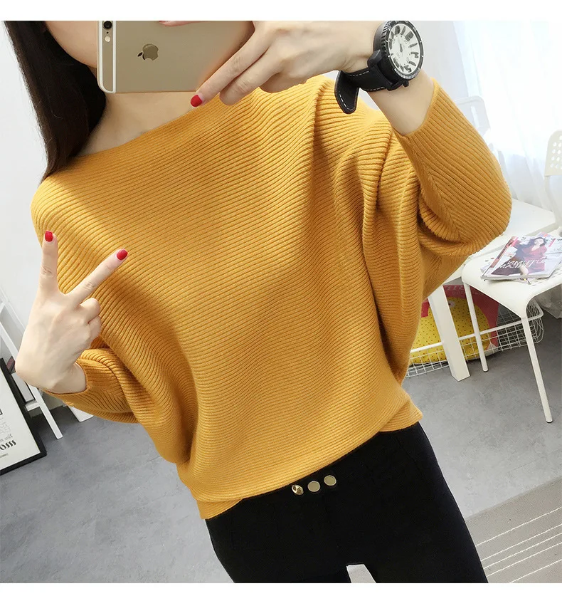 Autumn And Winter New Women Sweaters Bats Shirt Slash Neck Short Paragraph Female Knit Pullovers