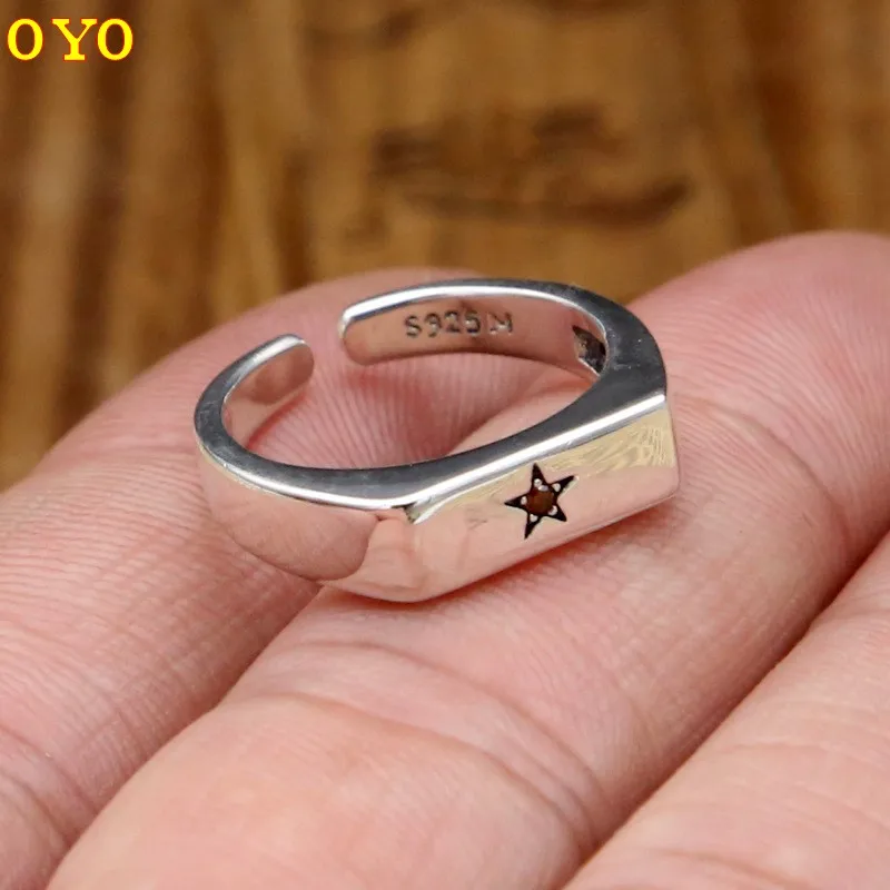 

100%S925 sterling silver Thai silver jewelry simple glossy five-pointed star inlaid zircon personality opening man's ring