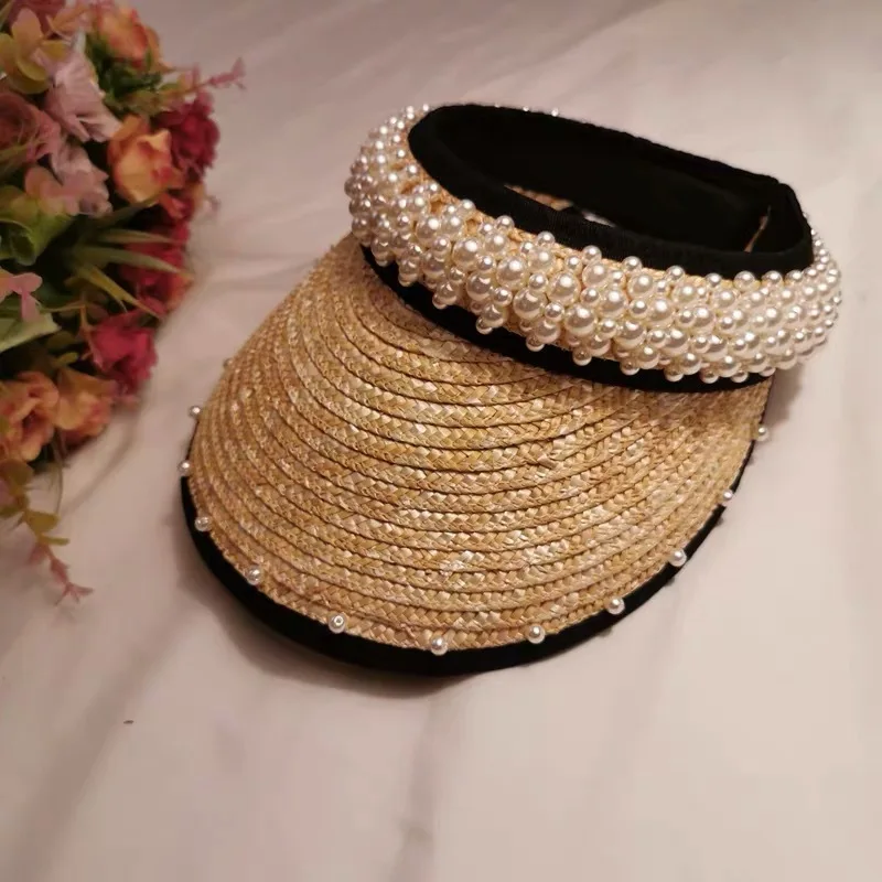 

2023 Vogue Elegant Handmade Wheat Straw And Pearl Empty Straw Sun Hats For Female Summer Sunshade Korean Seaside Beach Visor