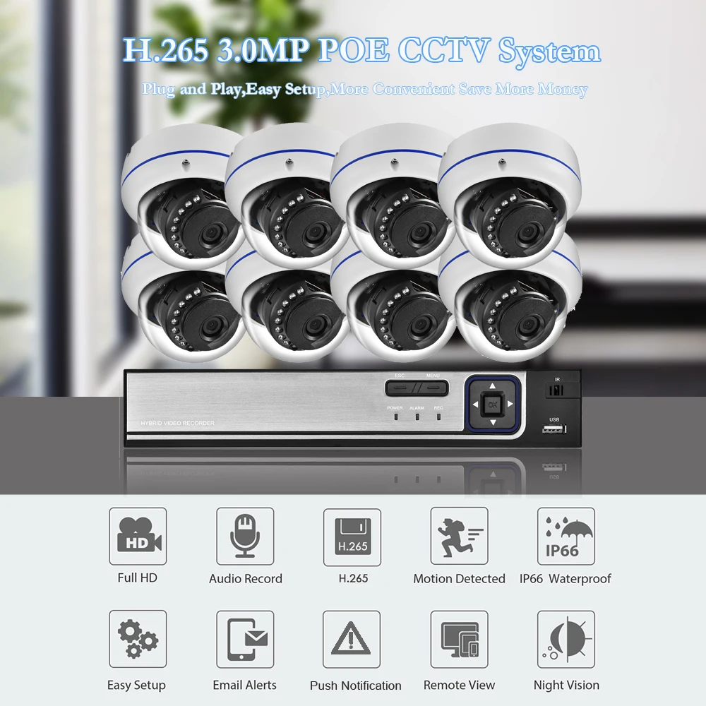 AZISHN Explosion-proof H.265 8CH 3MP POE Security Camera System NVR Kit Audio IP Camera Indoor Outdoor CCTV Surveillance NVR Set