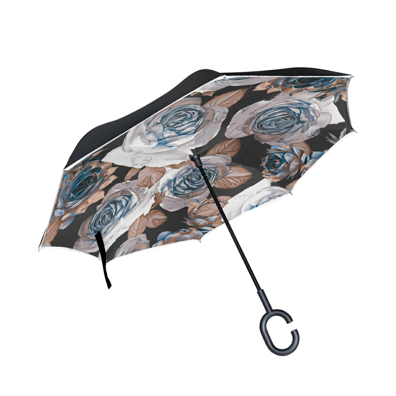 

Retro Rose Flower Windproof Reverse Umbrella Rain Women Long Handle Double Layer Inverted Self Stand Umbrella Parasol For Car