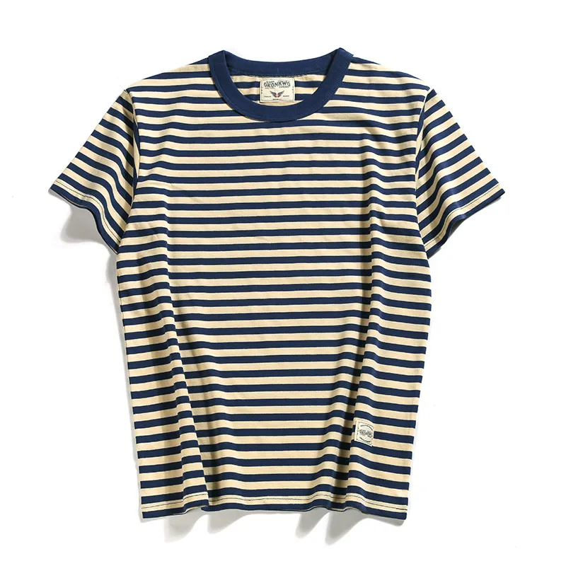 Ok2133 Summer Striped T-Shirts High Quality Men Clothing 230g Short-Sleeve Classic All-Match Sailor Tops Casual Fit Male Tees