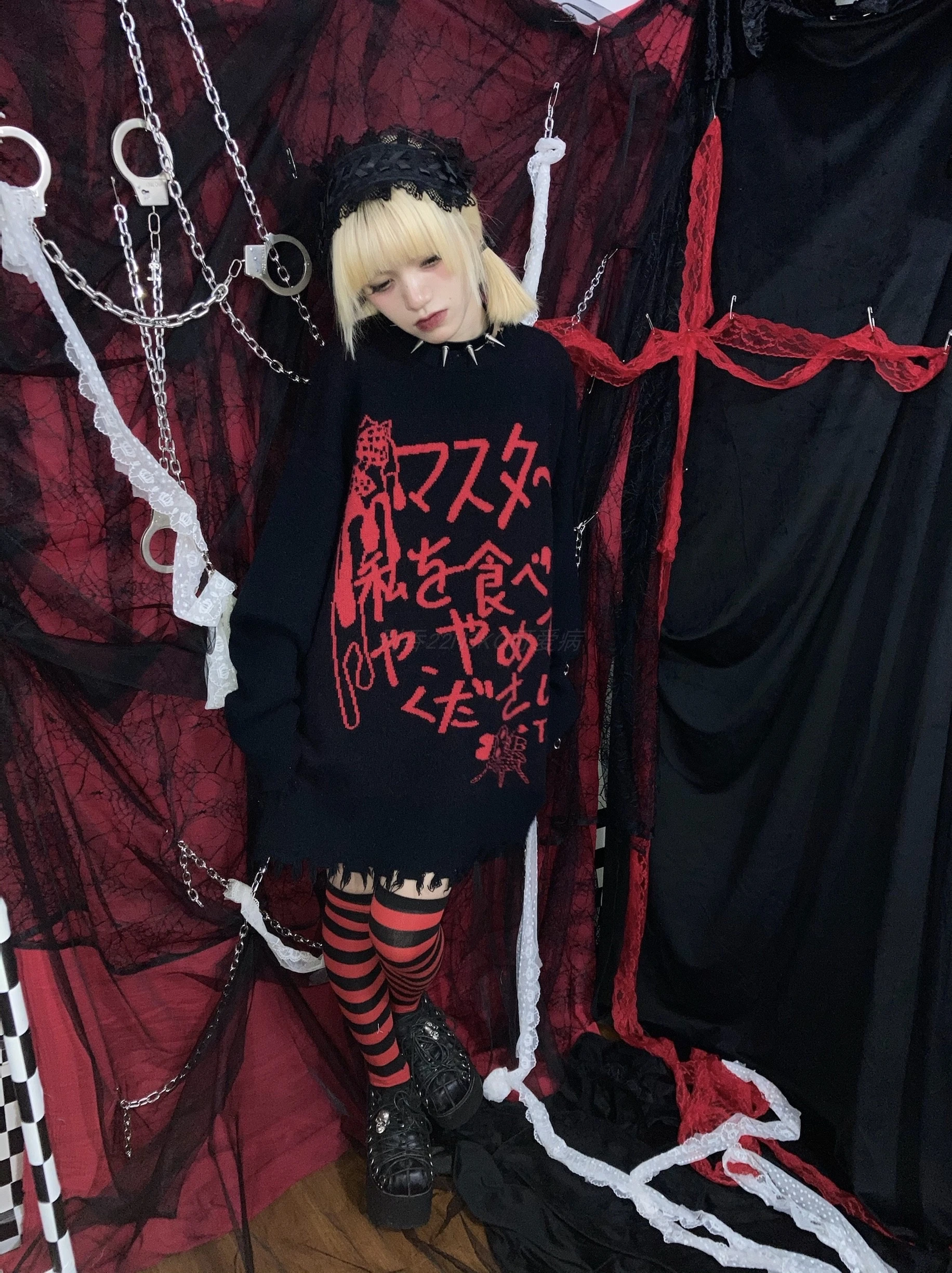 Women Sweater Harajuku Gothic Japanese Letter Printed Black Knitted Pullovers Punk Sweater Jumpers Autumn Winter Streetwear