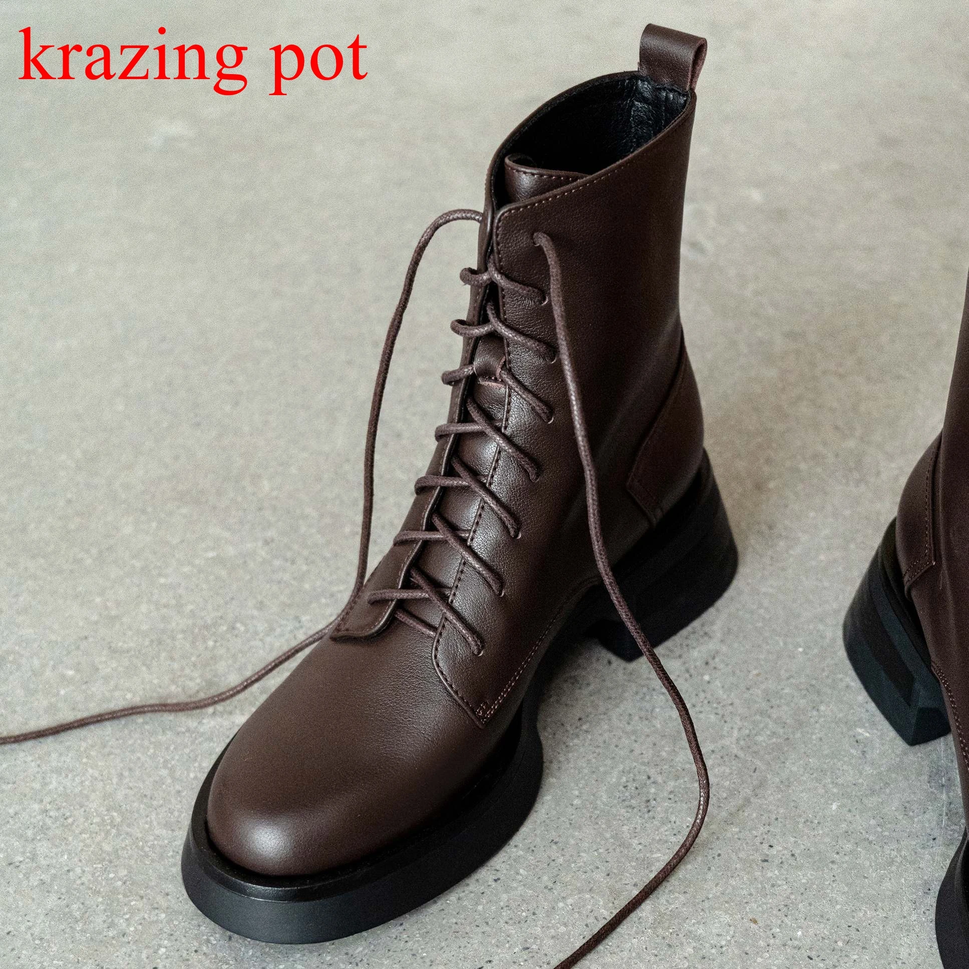 

Krazing Pot Cow Leather Classics Round Toe Chelsea Boots Lace Up Casual Thick Heels Platform Keep Warm Fur All-match Ankle Boots