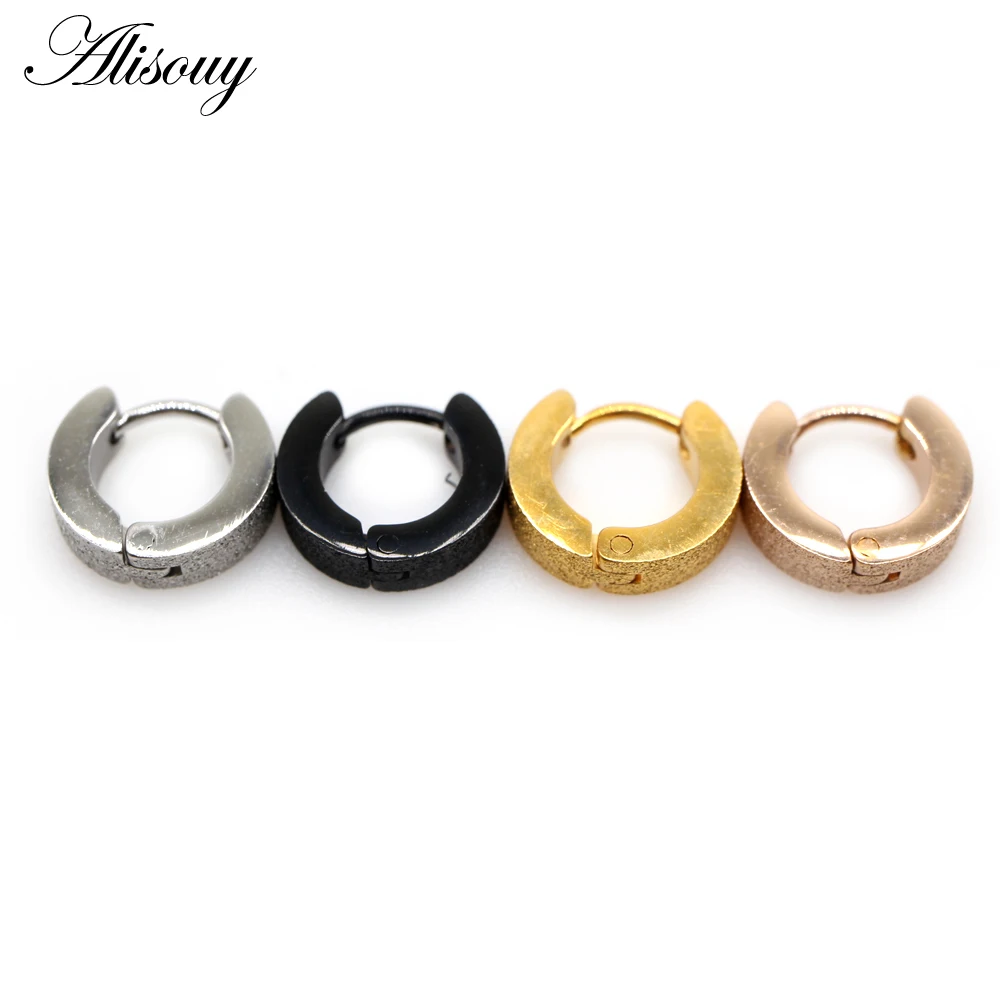 Alisouy 2pcs Punk Frosted Scrub Women Men Small Huggie Ear Earrings Stainless Steel Round Smooth Circle Hoop Earrings Jewelry