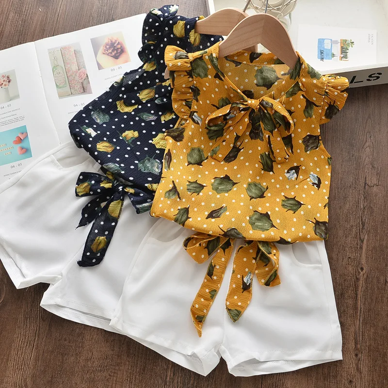 Fashion Girls Chiffon Sleeveless Floral Shirt Print Bow-knot Top Mesh Two-piece Pure White Shorts 3-7Years