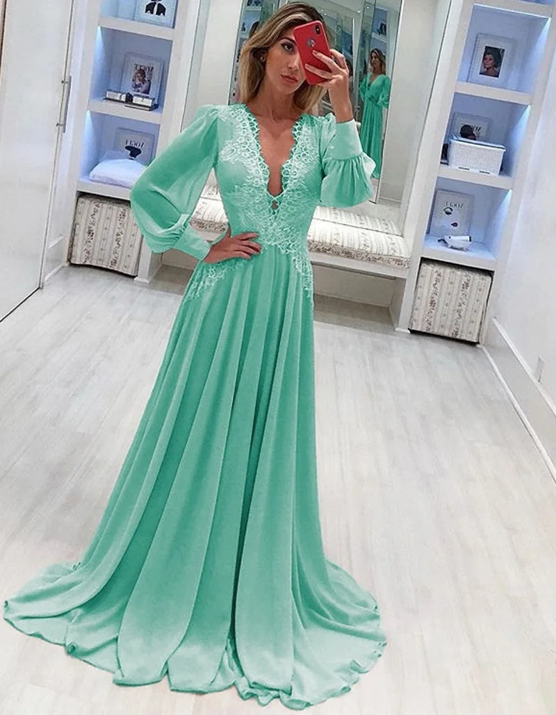 2021 eleganti abiti da sera arabi musulmani blu scollo a v profondo pizzo Chiffon Plus Size abiti da ballo lunghi da ballo abiti da Noiva