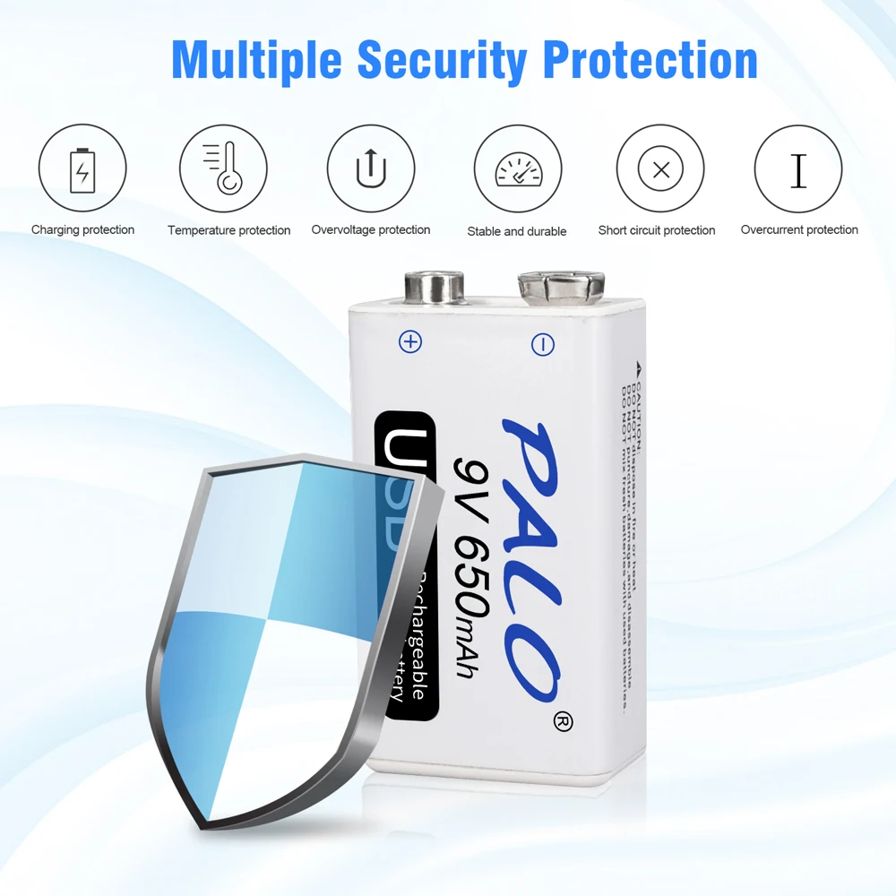 PALO 9V 650mAh li-ion Rechargeable Battery Micro USB Batteries 9V lithium for Metal Detector Remote Control Microphone
