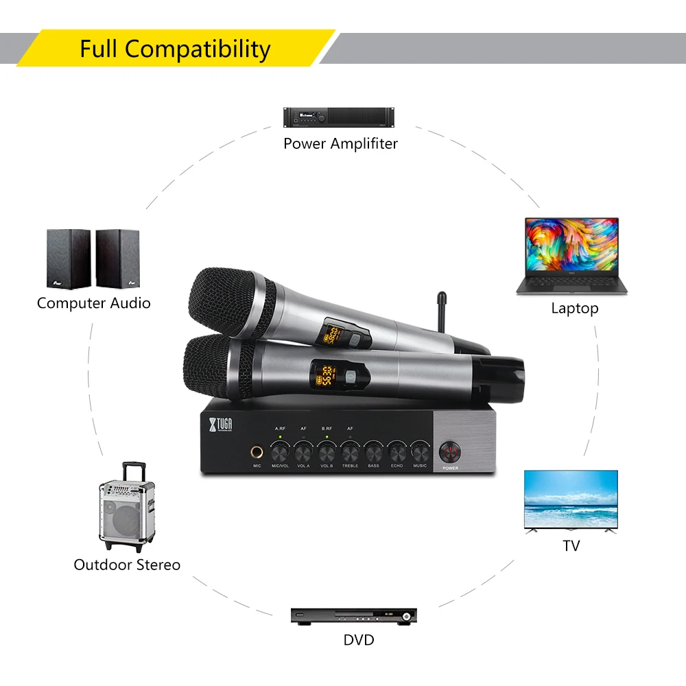 XTUGA – Microphone portable sans fil à double canal UH110, microphone de karaoké Bluetooth facile à utiliser avec effet aigus/basses/Echo