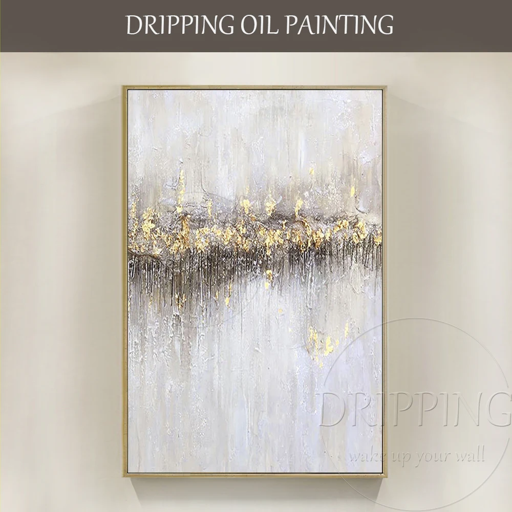 

Excellent Painter Hand-painted High Quality Modern Abstract Gold Foil Oil Painting on Canvas Abstract Gold Foil Grey Painting