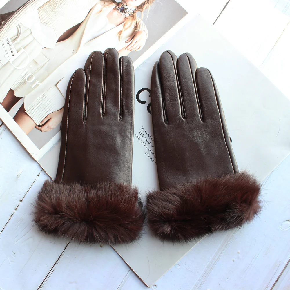 New Women\'s Sheepskin Material Rabbit Fur Mouth Fashion Fleece Lining Warm and Winter Brown Gloves in Autumn and Winter