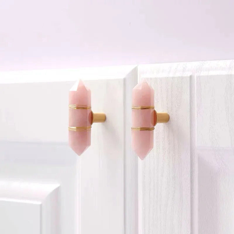 2pcs Natural Crystal Brass Cabinet Knobs Nordic Light Luxury Kitchen Wardrobe Door Drawer Pull Furniture Pink Single Hole Handle