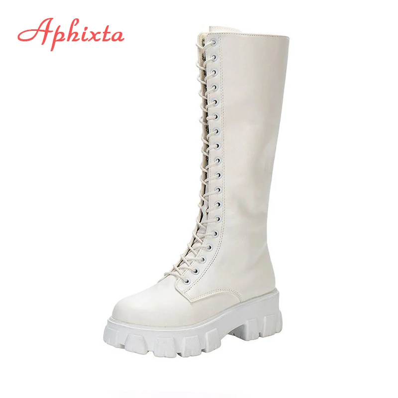 Aphixta 2022 Winter Shoes Women's Long High Boots White PU Leather Knee High Boots Female Fashion Lace Up Platform Botas Mujer