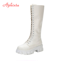 Aphixta 2025 Winter Shoes Women's Long High Boots White PU Leather Knee High Boots Female Fashion Lace Up Platform Botas Mujer
