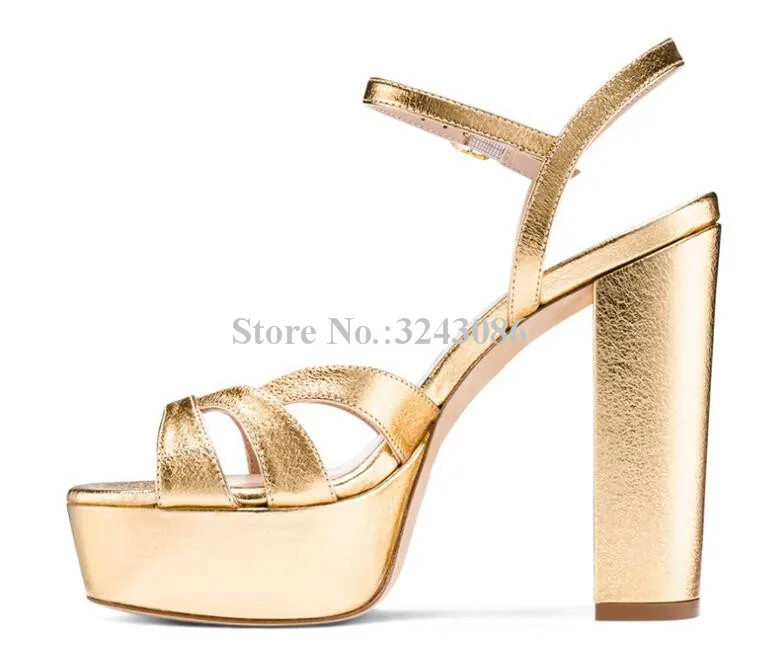 Fashion Gold Color Leather Platform Sandals Women Sexy Chunky Heel Snakeskin Leather Sandals Shoes Lady New Dress Sandals